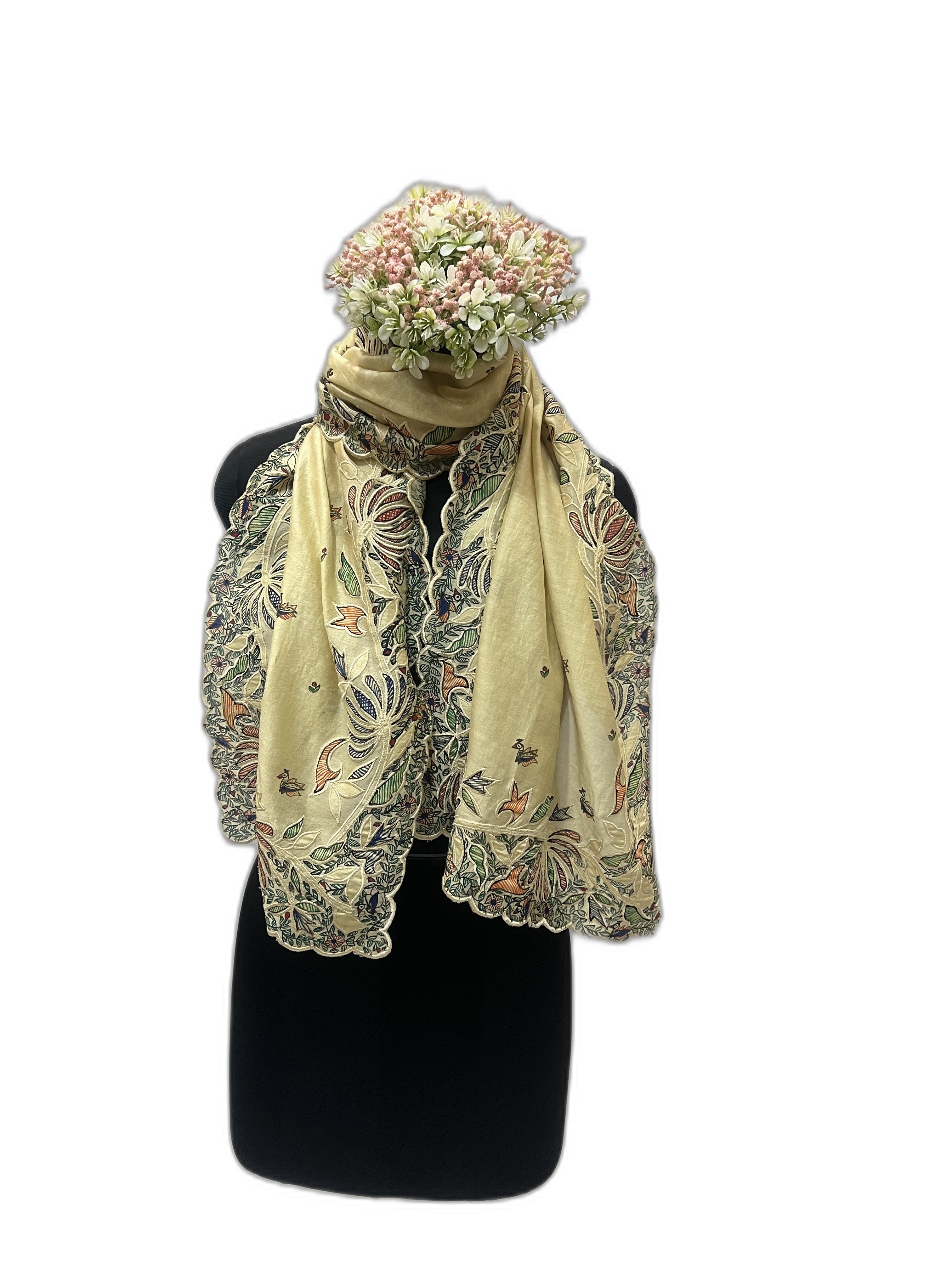 Chanderi Stole in pastel yellow with Scalloped Edges and Madhubani